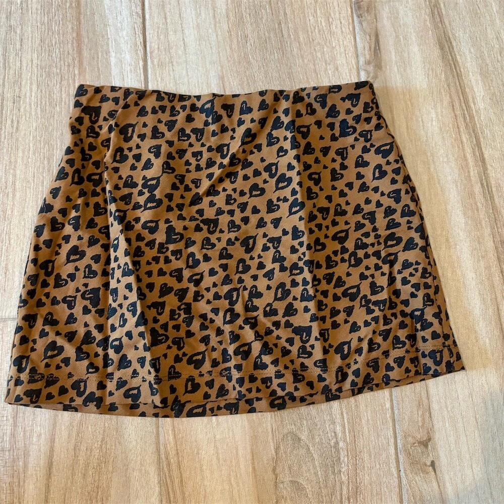 Old Navy Skirt Girls Size L Brown Leopard & Heart Print Pull-On Mini